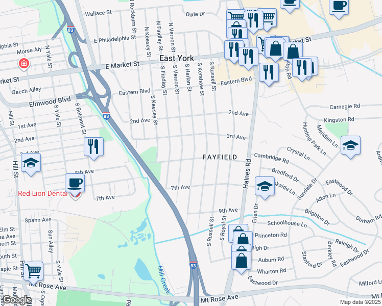 map of restaurants, bars, coffee shops, grocery stores, and more near 351 South Harlan Street in East York