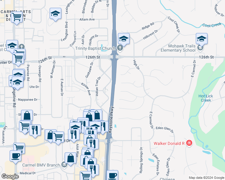 map of restaurants, bars, coffee shops, grocery stores, and more near Keystone Parkway in Carmel