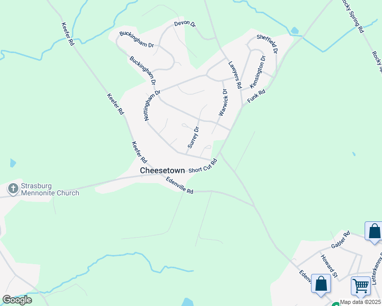 map of restaurants, bars, coffee shops, grocery stores, and more near 46 Surrey Drive in Chambersburg