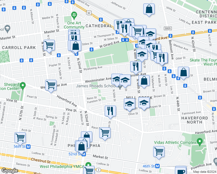 map of restaurants, bars, coffee shops, grocery stores, and more near 5025 Ogden Street in Philadelphia