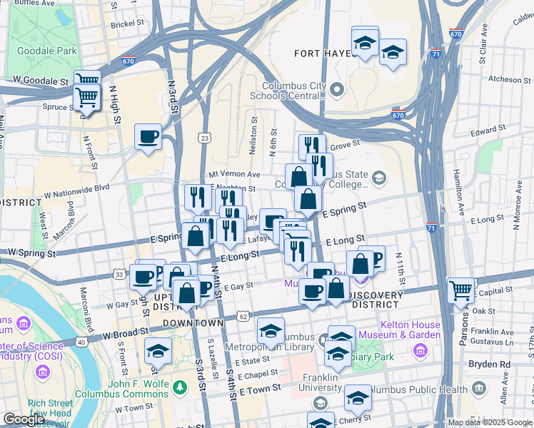 map of restaurants, bars, coffee shops, grocery stores, and more near 211 North 6th Street in Columbus