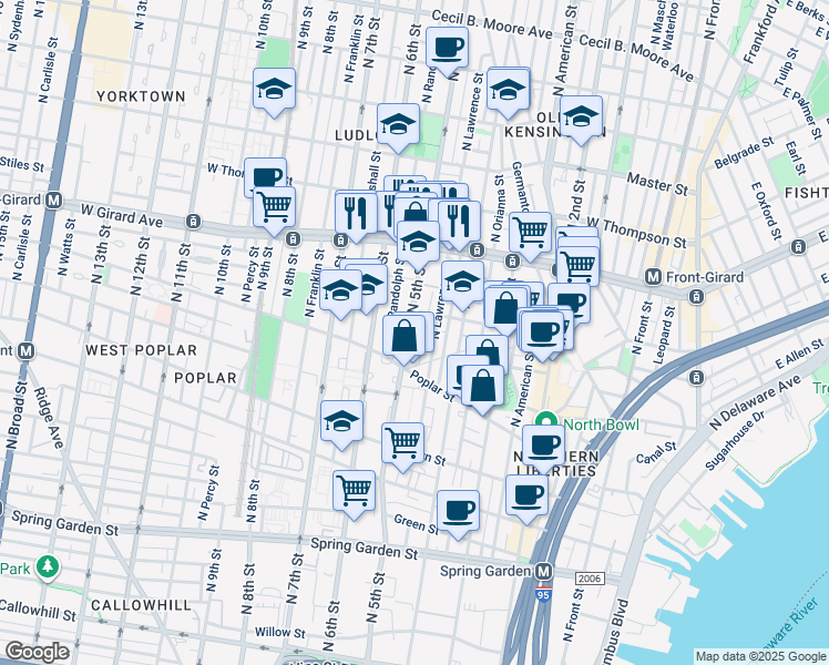 map of restaurants, bars, coffee shops, grocery stores, and more near 945 North 5th Street in Philadelphia