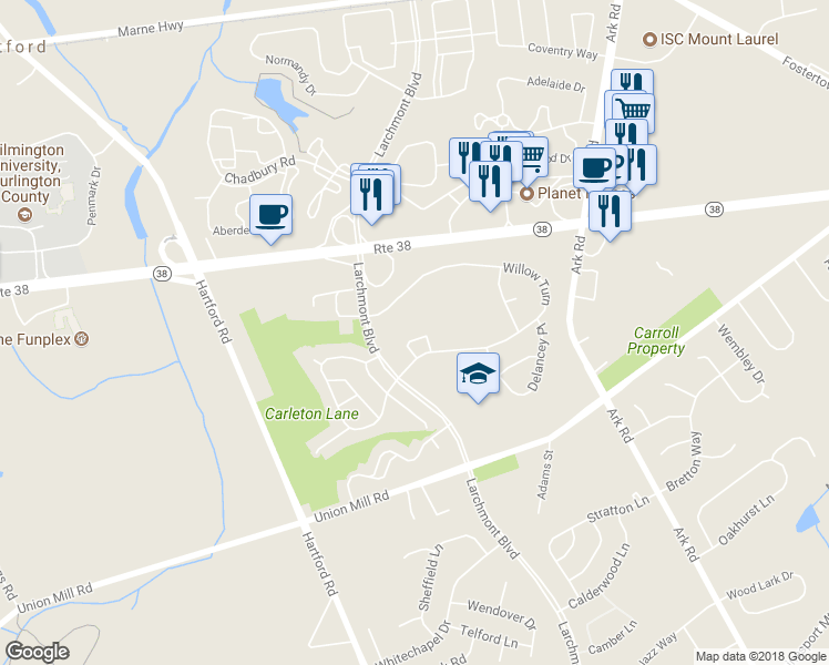 map of restaurants, bars, coffee shops, grocery stores, and more near 538B Willow Turn in Mount Laurel Township