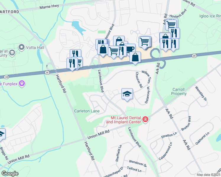 map of restaurants, bars, coffee shops, grocery stores, and more near 538B Willow Turn in Mount Laurel Township
