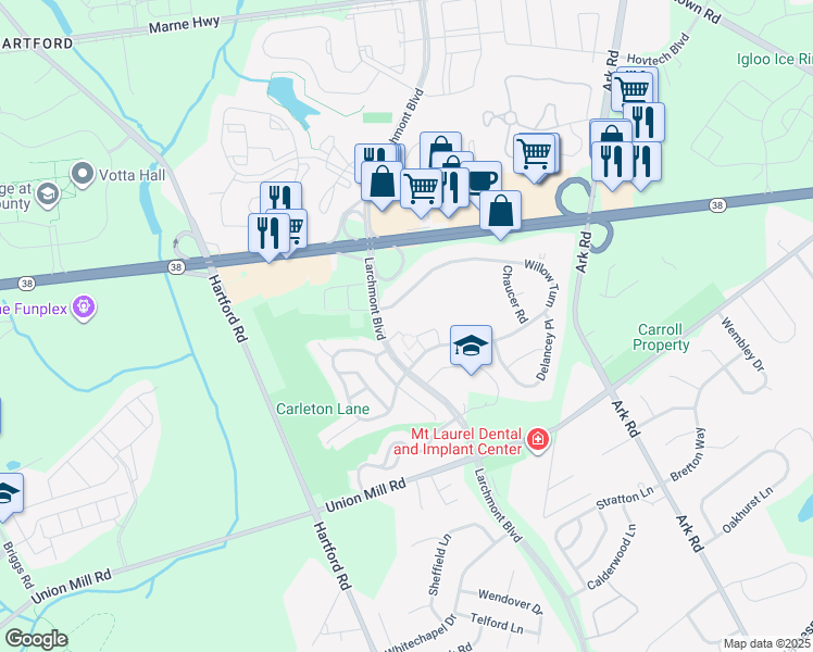 map of restaurants, bars, coffee shops, grocery stores, and more near 538B Willow Turn in Mount Laurel Township