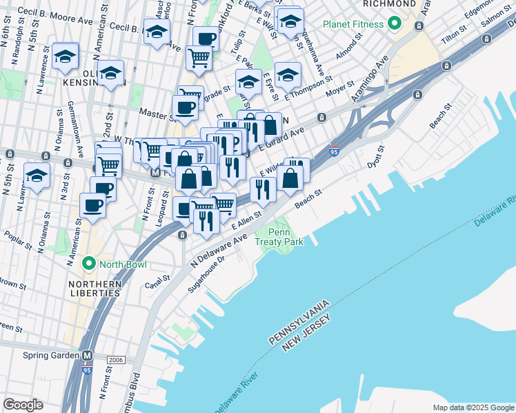 map of restaurants, bars, coffee shops, grocery stores, and more near 300 Richmond Street in Philadelphia