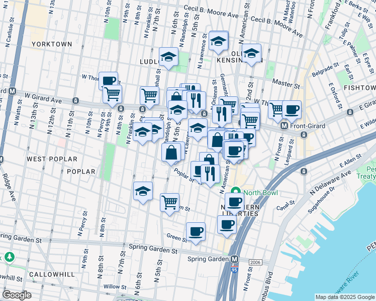 map of restaurants, bars, coffee shops, grocery stores, and more near 980 North Lawrence Street in Philadelphia