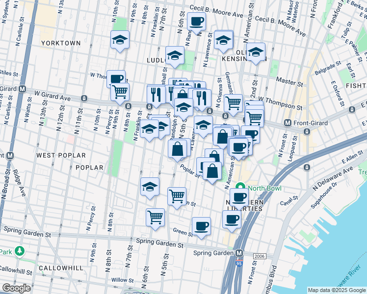 map of restaurants, bars, coffee shops, grocery stores, and more near 941 North 5th Street in Philadelphia