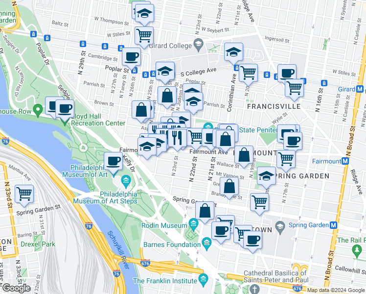 map of restaurants, bars, coffee shops, grocery stores, and more near in Philadelphia