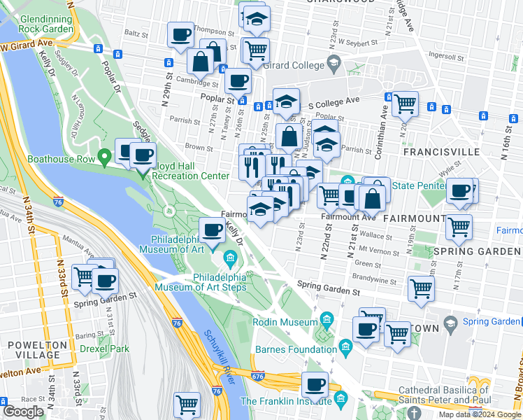 map of restaurants, bars, coffee shops, grocery stores, and more near 2401 Pennsylvania Avenue in Philadelphia