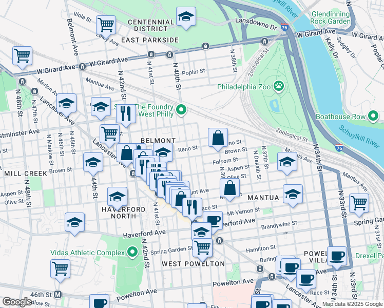 map of restaurants, bars, coffee shops, grocery stores, and more near 3931 Brown Street in Philadelphia