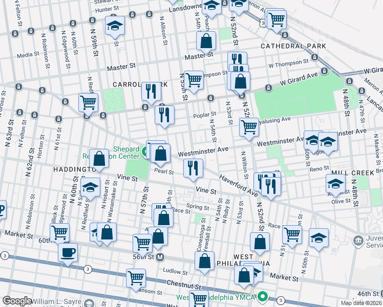 map of restaurants, bars, coffee shops, grocery stores, and more near 5436 Westminster Avenue in Philadelphia