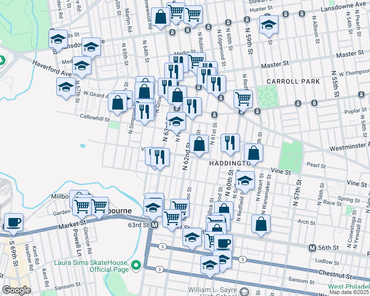 map of restaurants, bars, coffee shops, grocery stores, and more near 315 North Felton Street in Philadelphia