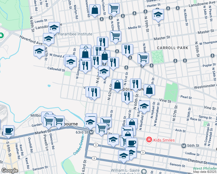 map of restaurants, bars, coffee shops, grocery stores, and more near 315 North Felton Street in Philadelphia