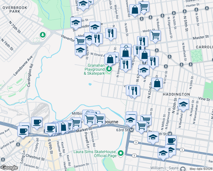 map of restaurants, bars, coffee shops, grocery stores, and more near 229 North Daggett Street in Philadelphia