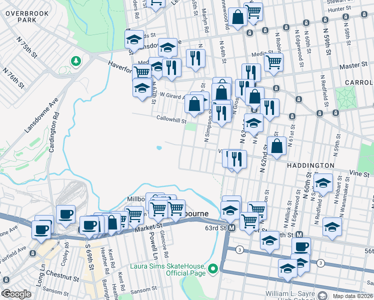 map of restaurants, bars, coffee shops, grocery stores, and more near 229 North Daggett Street in Philadelphia