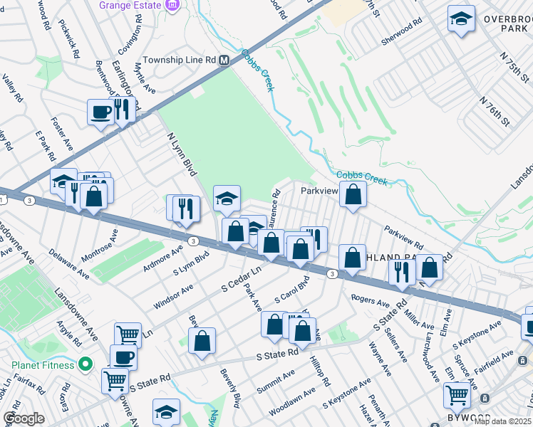 map of restaurants, bars, coffee shops, grocery stores, and more near 109 Academy Lane in Upper Darby