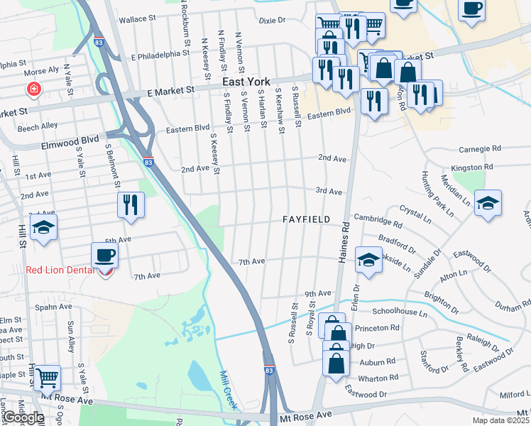 map of restaurants, bars, coffee shops, grocery stores, and more near 351 South Harlan Street in East York