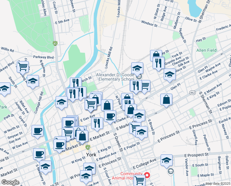 map of restaurants, bars, coffee shops, grocery stores, and more near 231 North Pine Street in York