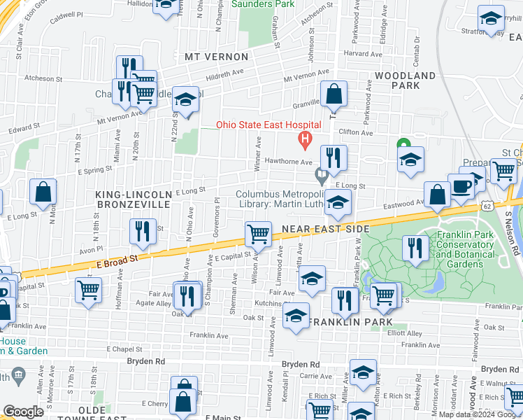 map of restaurants, bars, coffee shops, grocery stores, and more near 1355 Eastwood Avenue in Columbus