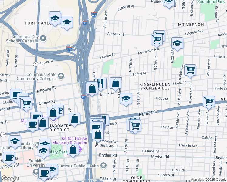 map of restaurants, bars, coffee shops, grocery stores, and more near 792 East Long Street in Columbus