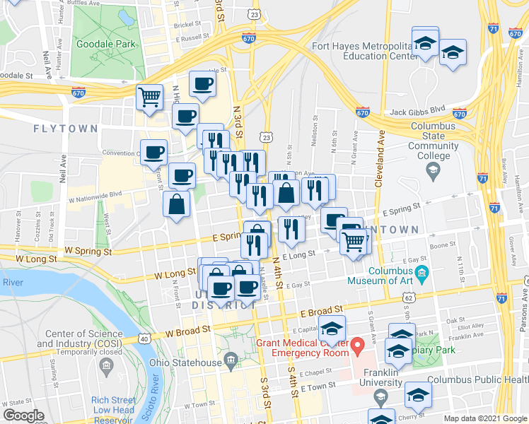 map of restaurants, bars, coffee shops, grocery stores, and more near 236 North 3rd Street in Columbus