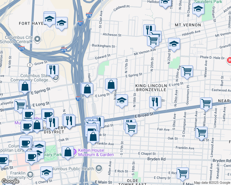 map of restaurants, bars, coffee shops, grocery stores, and more near 125 North Monroe Avenue in Columbus