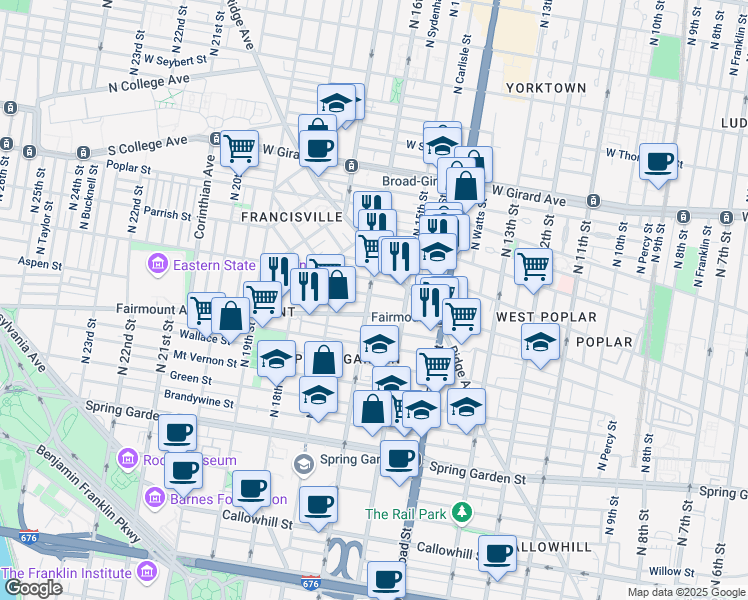 map of restaurants, bars, coffee shops, grocery stores, and more near 711 North 16th Street in Philadelphia