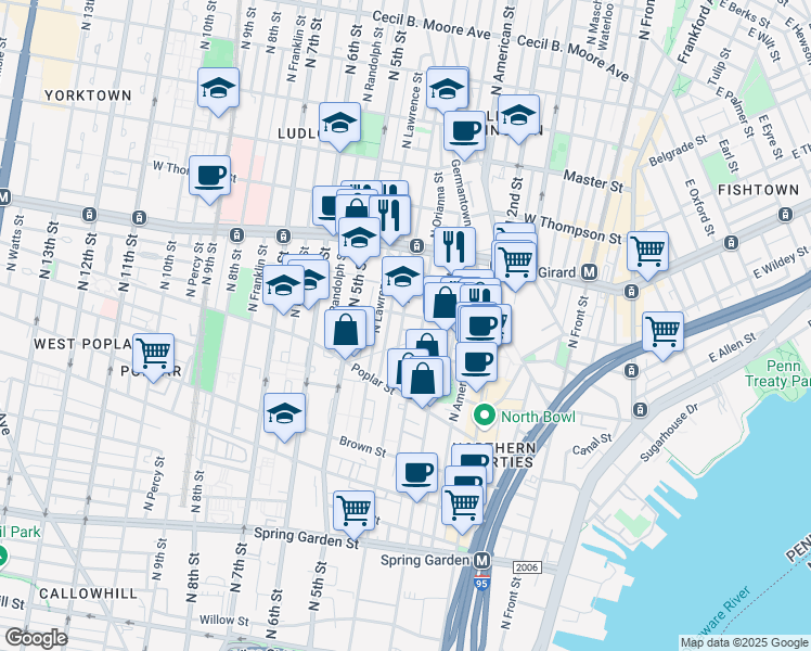 map of restaurants, bars, coffee shops, grocery stores, and more near 1027 North 4th Street in Philadelphia
