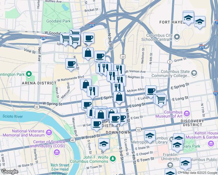 map of restaurants, bars, coffee shops, grocery stores, and more near 253 North 3rd Street in Columbus