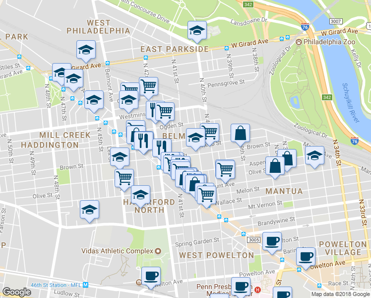 map of restaurants, bars, coffee shops, grocery stores, and more near 811 North 41st Street in Philadelphia