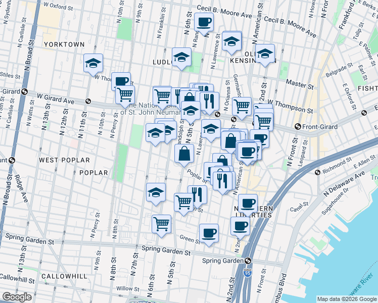 map of restaurants, bars, coffee shops, grocery stores, and more near 945 North 5th Street in Philadelphia