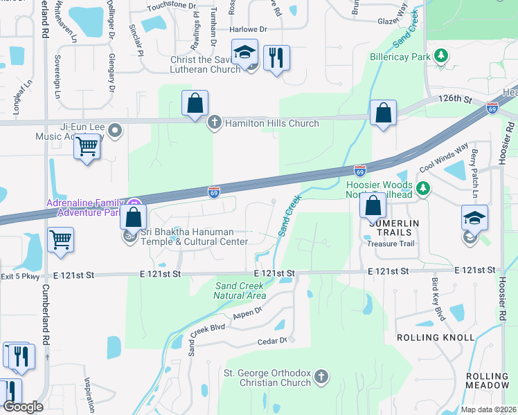 map of restaurants, bars, coffee shops, grocery stores, and more near 10477 Blue Springs Lane in Fishers
