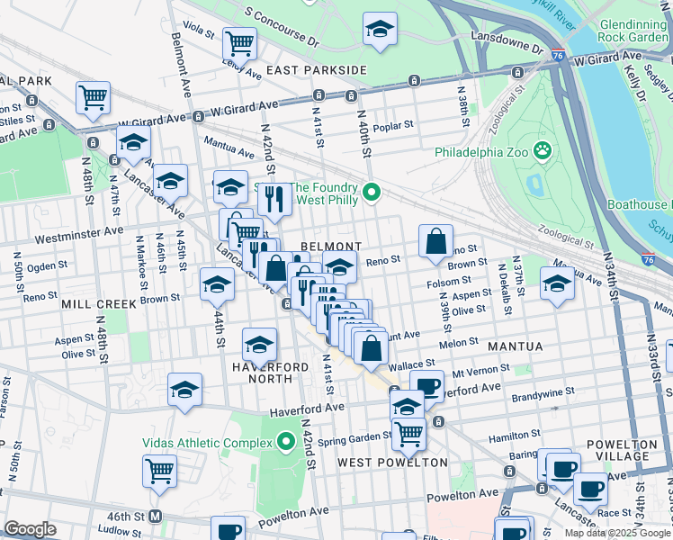 map of restaurants, bars, coffee shops, grocery stores, and more near 811 North 41st Street in Philadelphia
