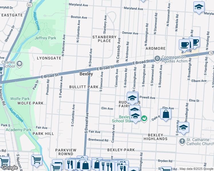map of restaurants, bars, coffee shops, grocery stores, and more near 99 Bullitt Park Place in Columbus
