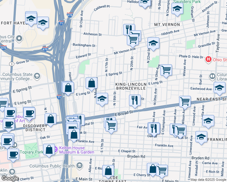 map of restaurants, bars, coffee shops, grocery stores, and more near 945 East Long Street in Columbus