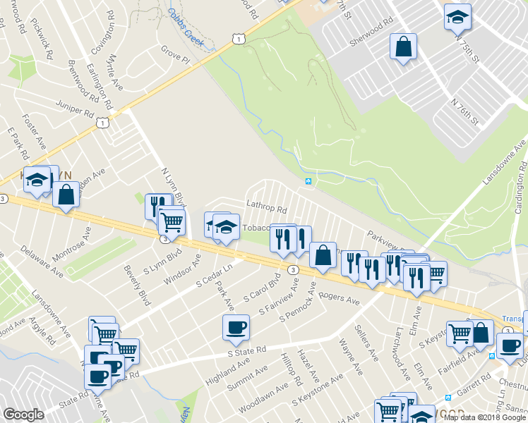 map of restaurants, bars, coffee shops, grocery stores, and more near 135 North Cedar Lane in Upper Darby