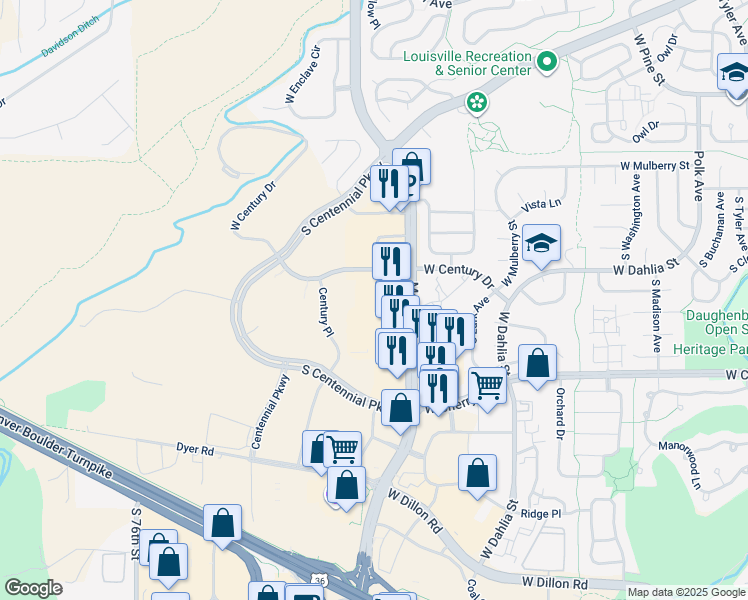map of restaurants, bars, coffee shops, grocery stores, and more near 245 Century Circle in Louisville
