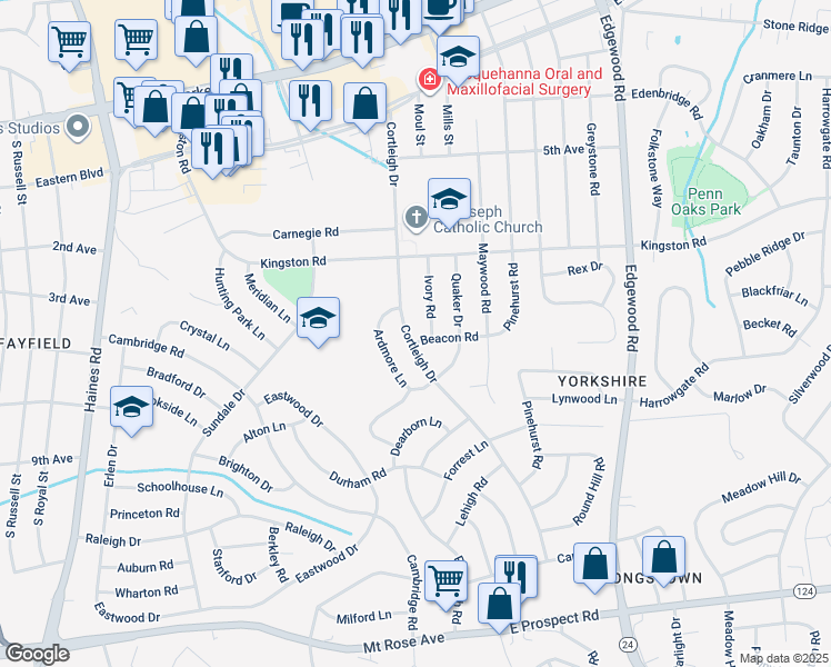 map of restaurants, bars, coffee shops, grocery stores, and more near 485 Cortleigh Drive in East York
