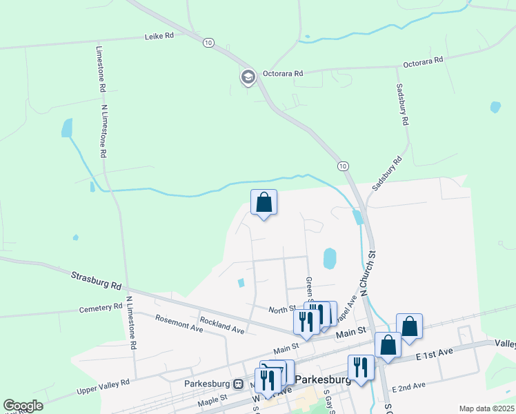 map of restaurants, bars, coffee shops, grocery stores, and more near 117 West Julie Drive in Parkesburg