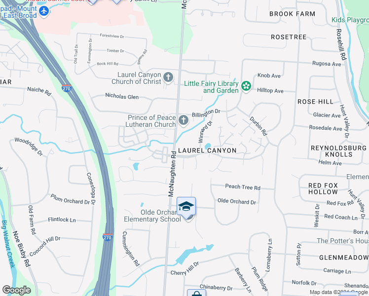 map of restaurants, bars, coffee shops, grocery stores, and more near 588 McNaughten Road in Columbus