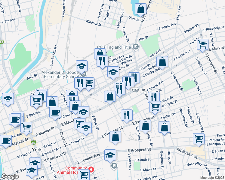 map of restaurants, bars, coffee shops, grocery stores, and more near 49 North State Street in York