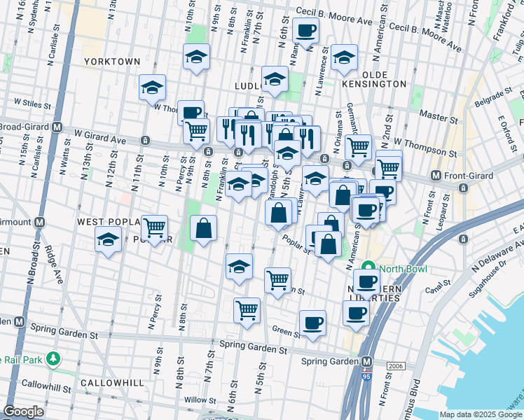 map of restaurants, bars, coffee shops, grocery stores, and more near 919 North 6th Street in Philadelphia