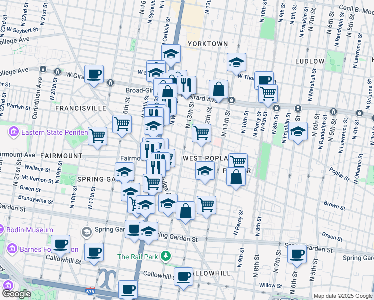 map of restaurants, bars, coffee shops, grocery stores, and more near 1221 Brown Street in Philadelphia
