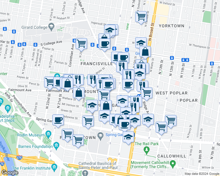 map of restaurants, bars, coffee shops, grocery stores, and more near 717 North 17th Street in Philadelphia