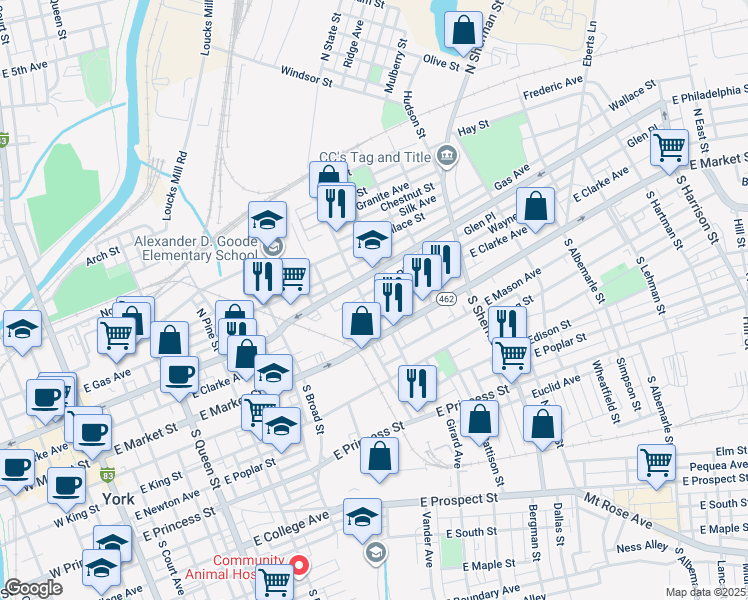 map of restaurants, bars, coffee shops, grocery stores, and more near 49 North State Street in York