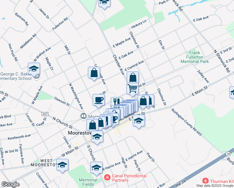 map of restaurants, bars, coffee shops, grocery stores, and more near 301 Lippincott Avenue in Moorestown