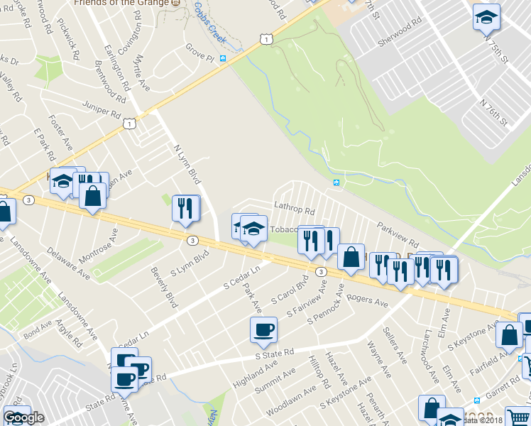 map of restaurants, bars, coffee shops, grocery stores, and more near 109 Academy Lane in Upper Darby