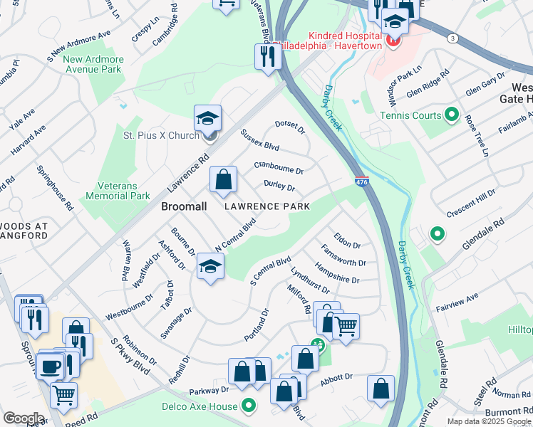 map of restaurants, bars, coffee shops, grocery stores, and more near 241 North Central Boulevard in Broomall