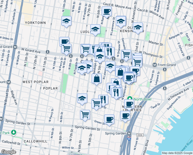 map of restaurants, bars, coffee shops, grocery stores, and more near 941 North 5th Street in Philadelphia